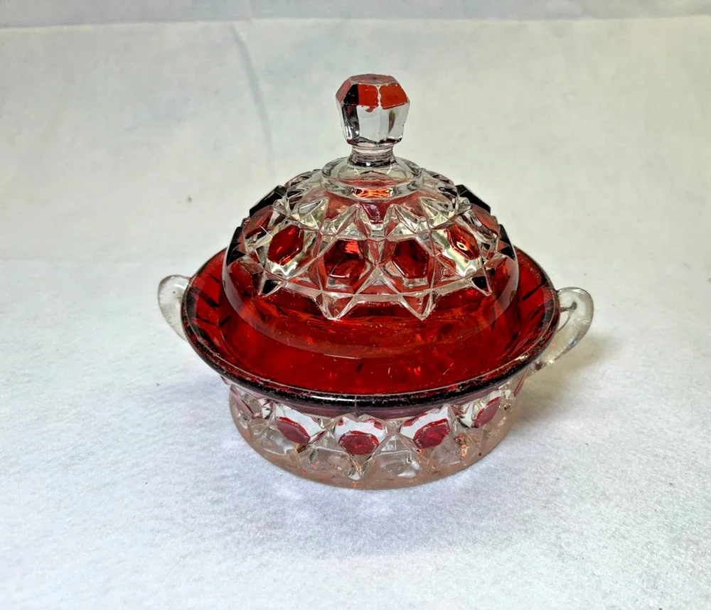Ruby Stained Pressed Glass Covered Dish Vintage Two Handle Geometric Pattern